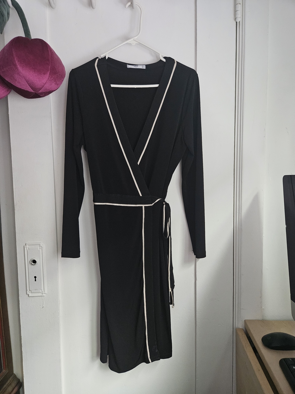 Mango Black Wrap Dress with Cream Trim - Long Sleeve Large